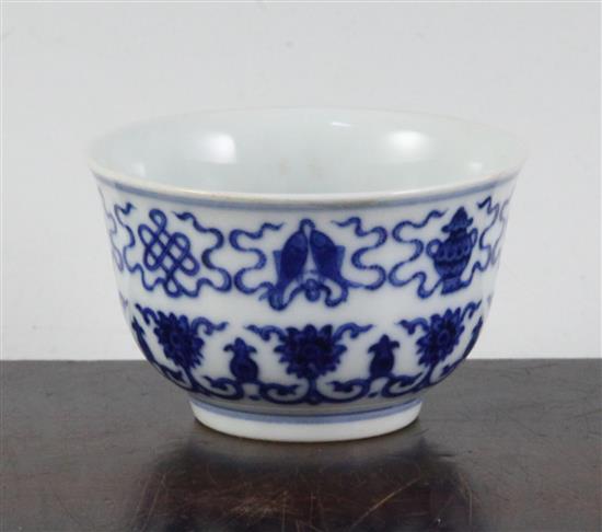 A Chinese blue and white Eight Buddhist emblems cup, bearing a Daoguang seal mark, diameter 7.3cm